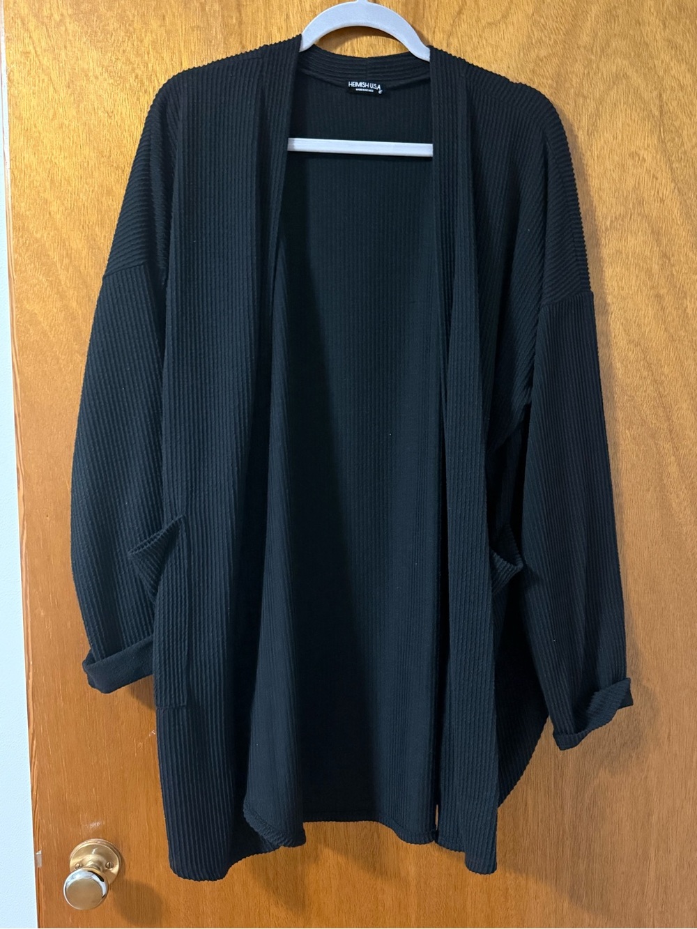 Rib-Knit Open Front Black Cardigan